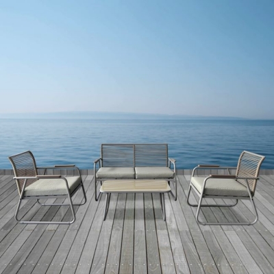 Ε6873,2 - ROCCO Set Σαλόνι Κήπου 4τεμ, Μέταλλο Μπεζ, Rope Wicker Μπεζ, Μαξιλ.Μπεζ, Γυαλί Μπεζ